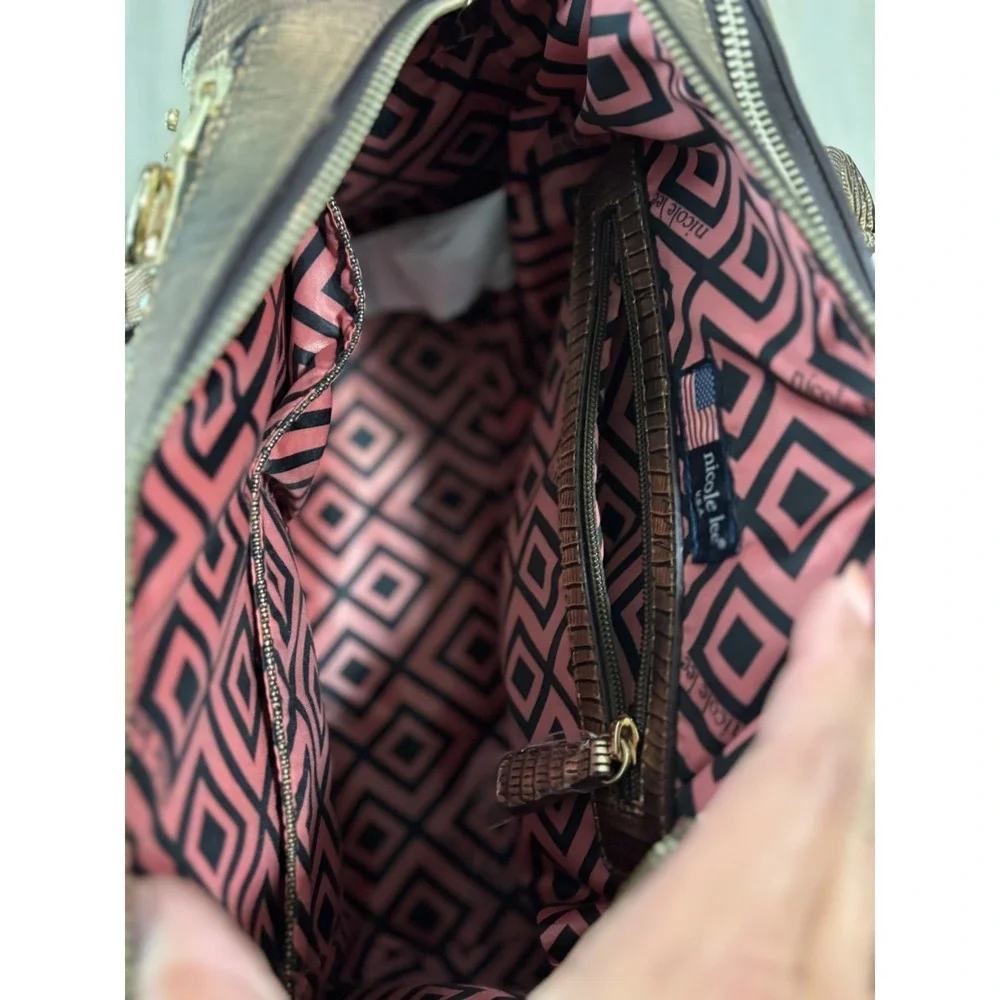 Nicole Lee Beaded Crystal Satchel Bag Metallic Bronze Tan Geometric Boho Handbag